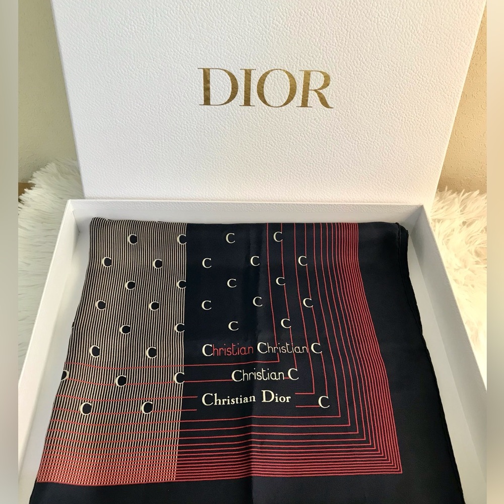 Dior Navy and Red Silk Scarf